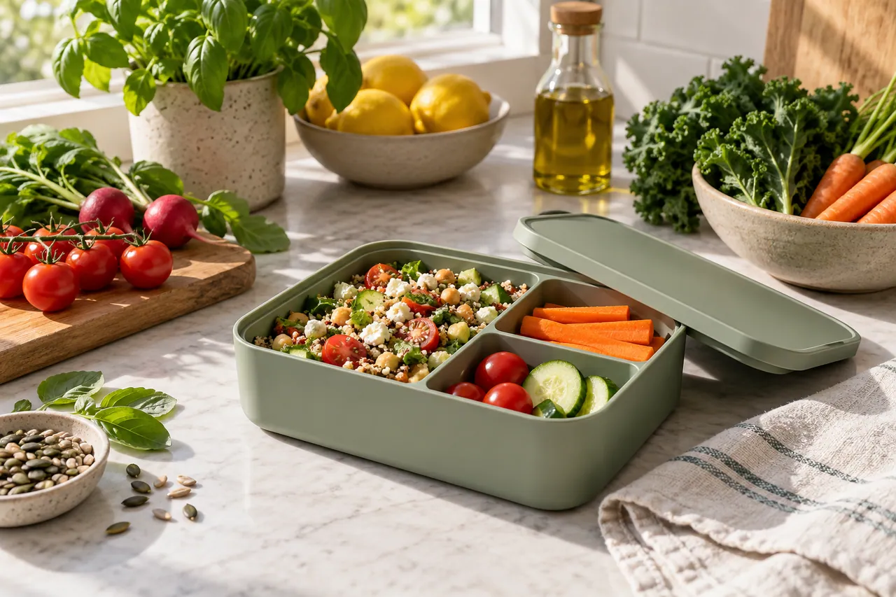 A matte sage-green reusable lunchbox with simple compartments arranged beside fresh vegetables on a sunlit kitchen counter.